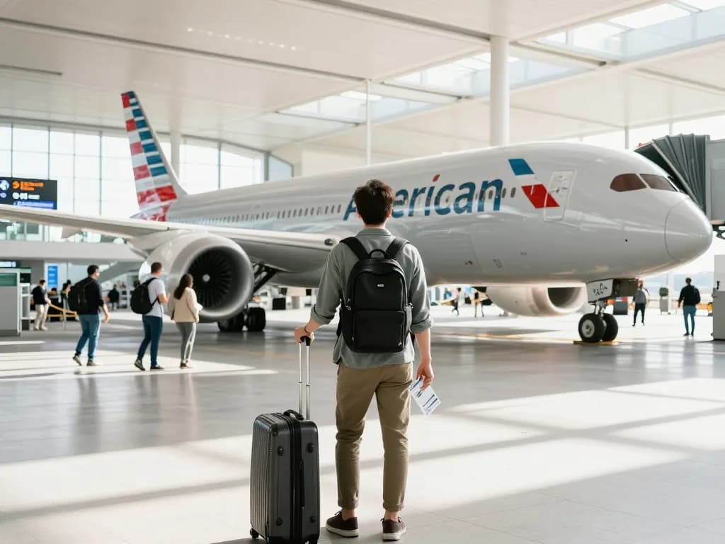 Traveler at airport terminal with American Airlines 789P aircraft in background, capturing excitement of air travel.