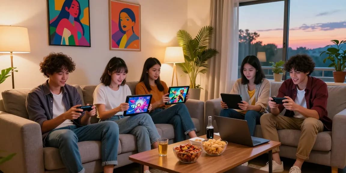 Friends playing hentai games together in a cozy living room setting, enjoying a fun gaming night.
