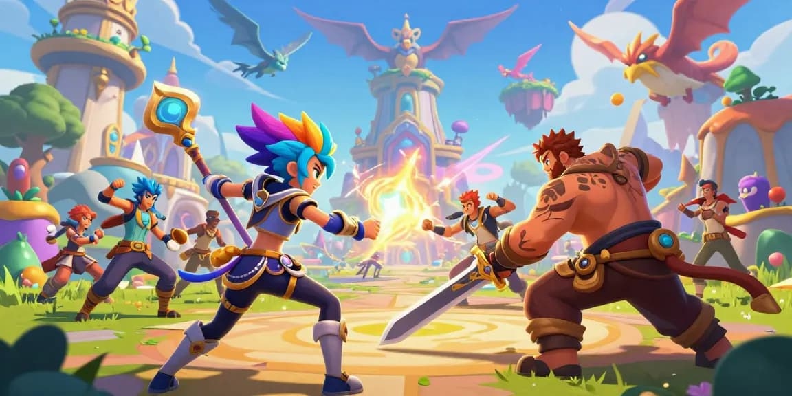 Dynamic scene from a gay hentai game featuring colorful characters and epic fantasy action.