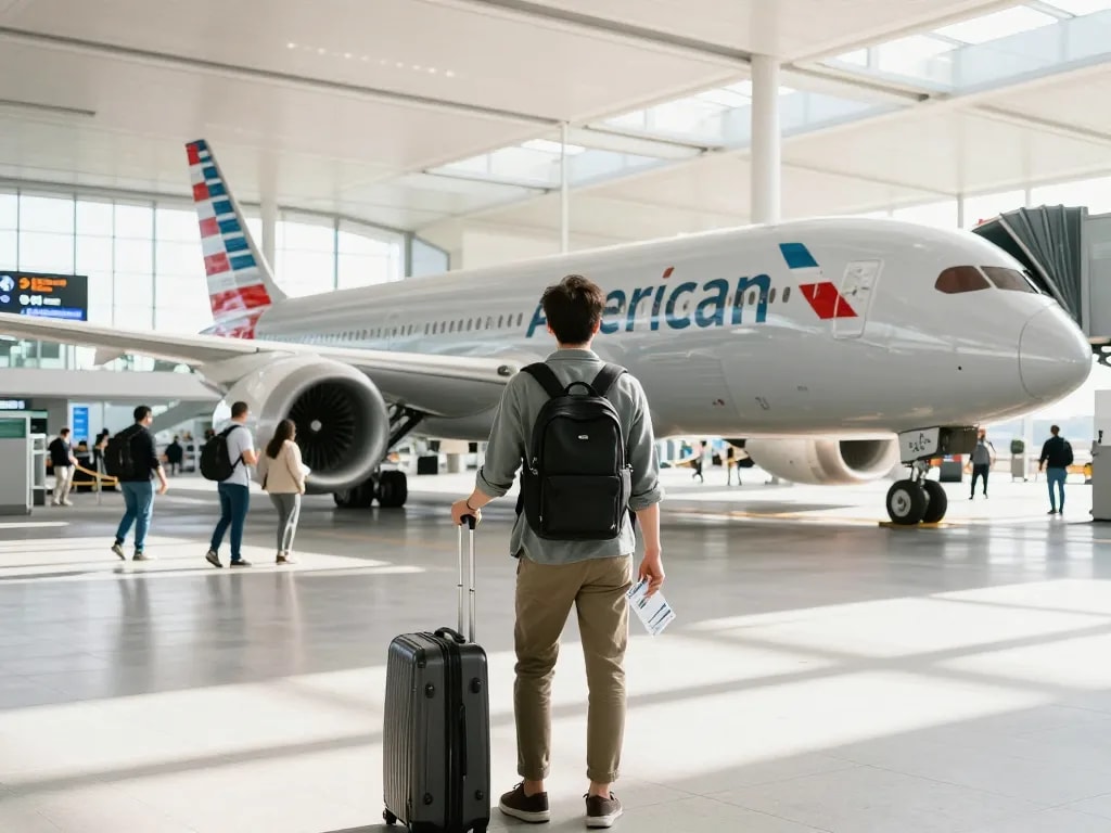 Traveler at airport terminal with American Airlines 789P aircraft in background, capturing excitement of air travel.