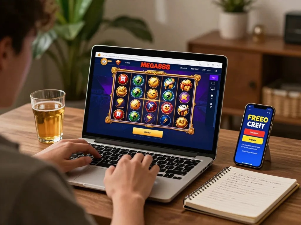Engaging in free credit mega888 gaming action on a laptop while enjoying a cozy home atmosphere.
