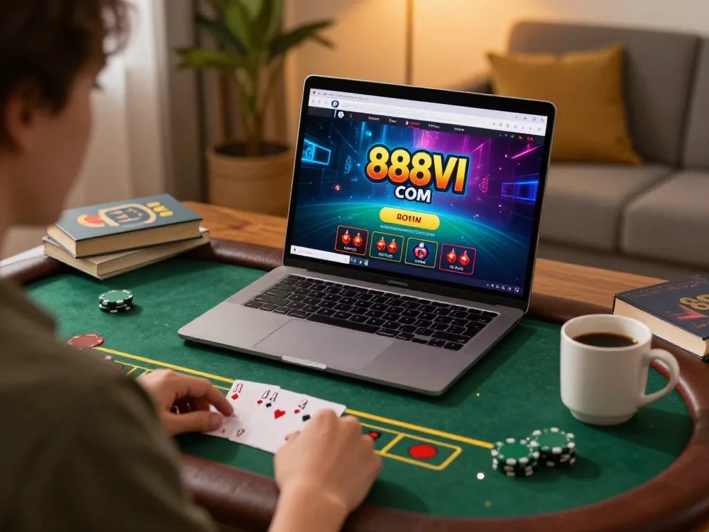 Play blackjack online at 888VI COM with a cozy home setup, creating a relaxed gaming atmosphere