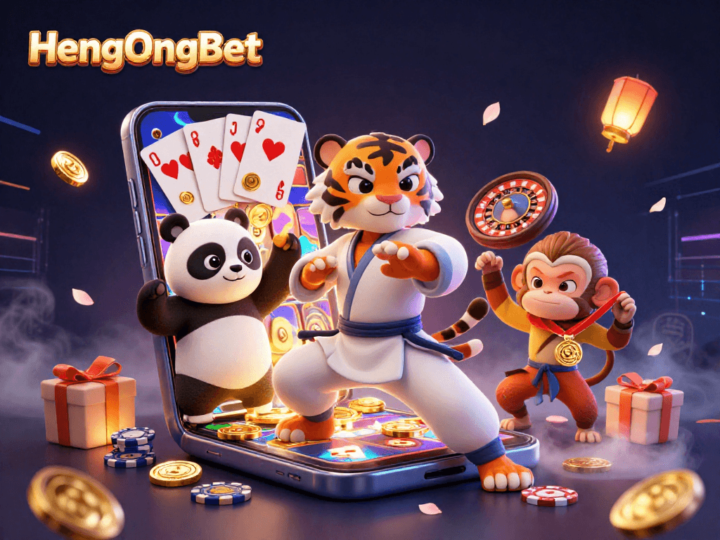 Engage with HengOngBet’s vibrant casino scene featuring a kung fu tiger and panda amidst dynamic gaming elements.