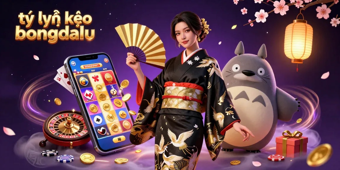 Tỷ lệ kèo bongdalu illustration showcasing engaging gambling elements with an elegant Asian woman and wise tanuki.