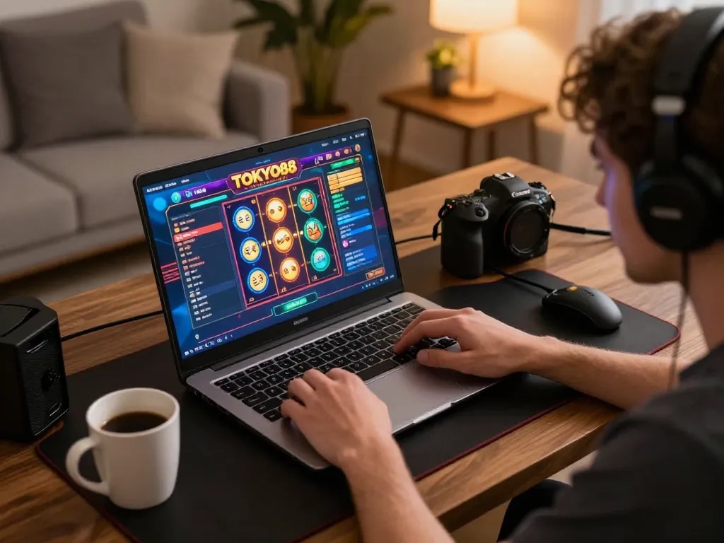 Pemain berinteraksi dengan slot tokyo88 di laptop dalam pengaturan permainan yang nyaman.