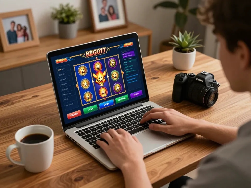 Play slots on NEGO77 while enjoying a cozy home gaming setup with warm lighting.