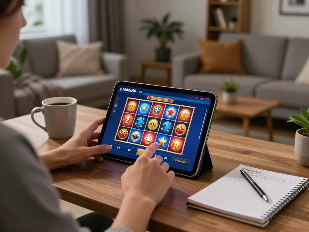 Nohu90 player engaging with online slots on tablet in cozy home environment, emphasizing responsible gaming.