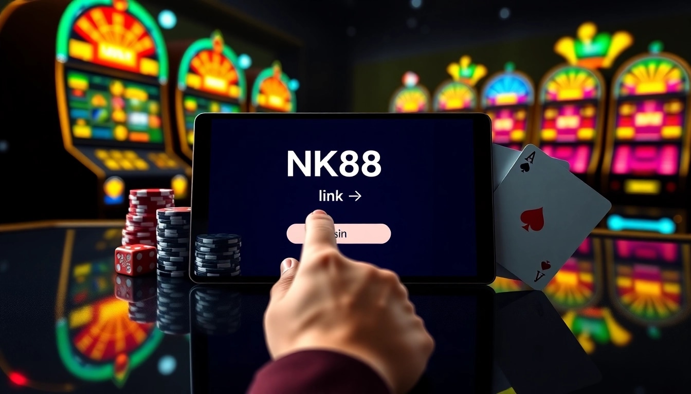 Engaging casino interface activating NK88 link with spinning roulette and poker chips