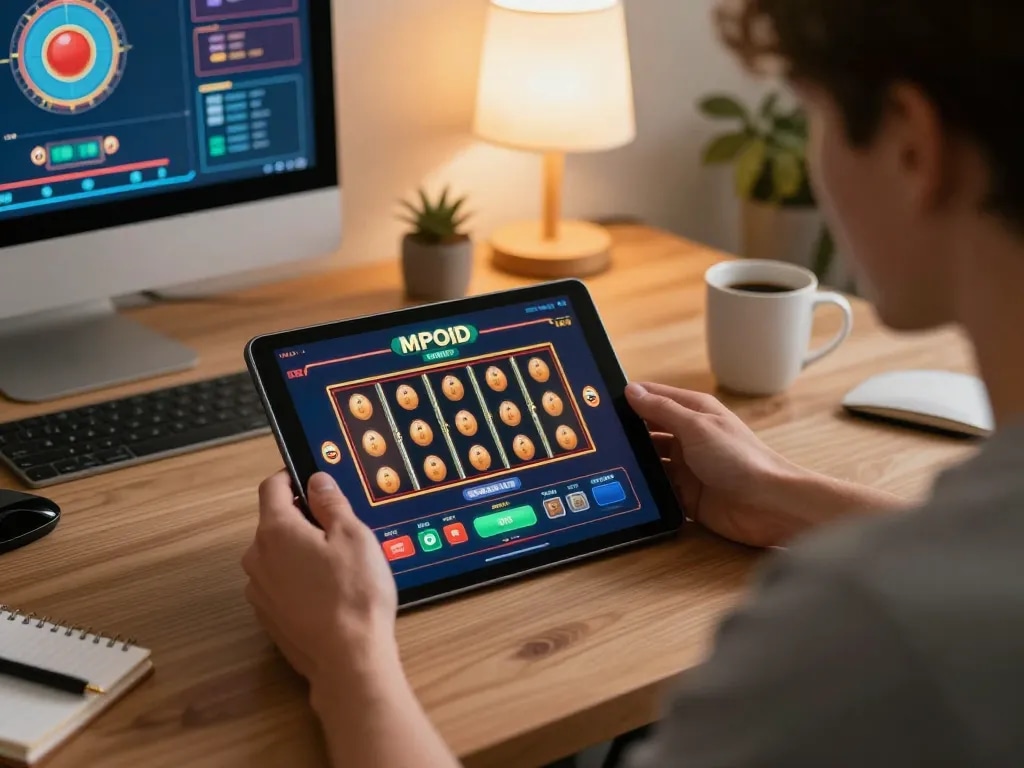 MPOID gaming interface on a tablet during an interactive online casino session in a cozy home office.