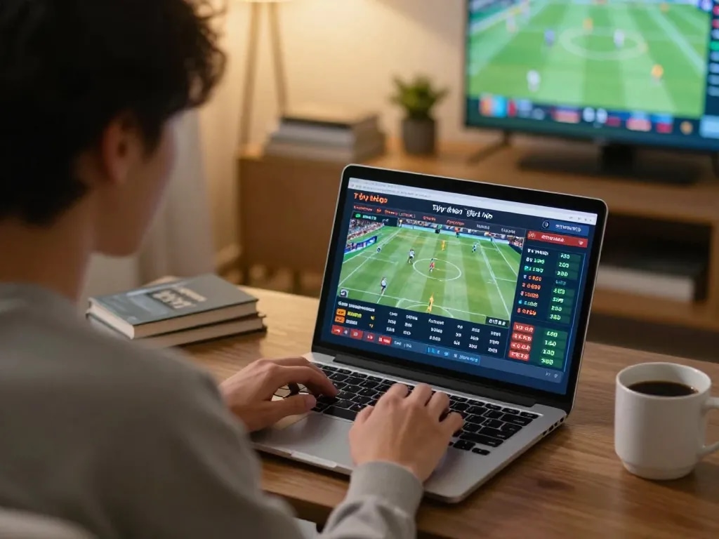 Engaging with tỷ lệ kèo while analyzing sports bets at home on a laptop.