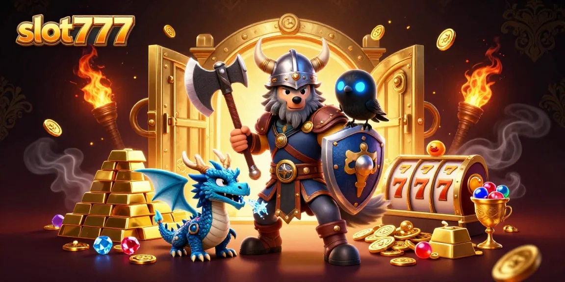 Experience excitement at slot777 with a Viking wolf warrior, dragon, and treasures!