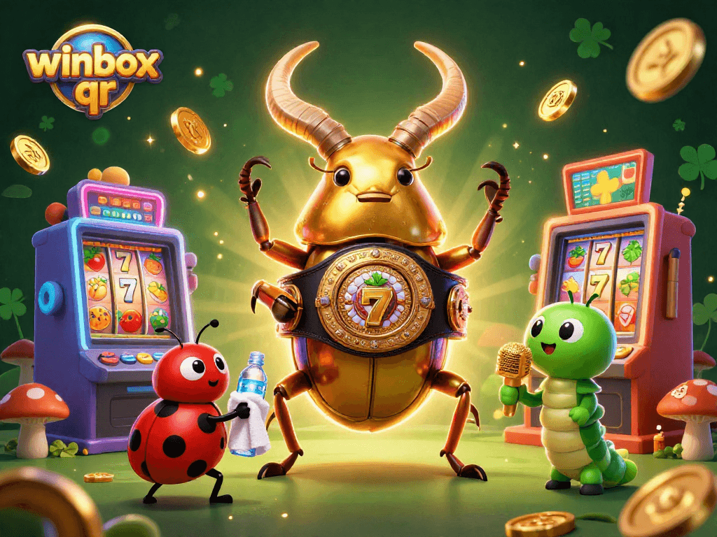 Experience the excitement of winbox qr with engaging characters in a dynamic casino scene filled with slot machines and animations.