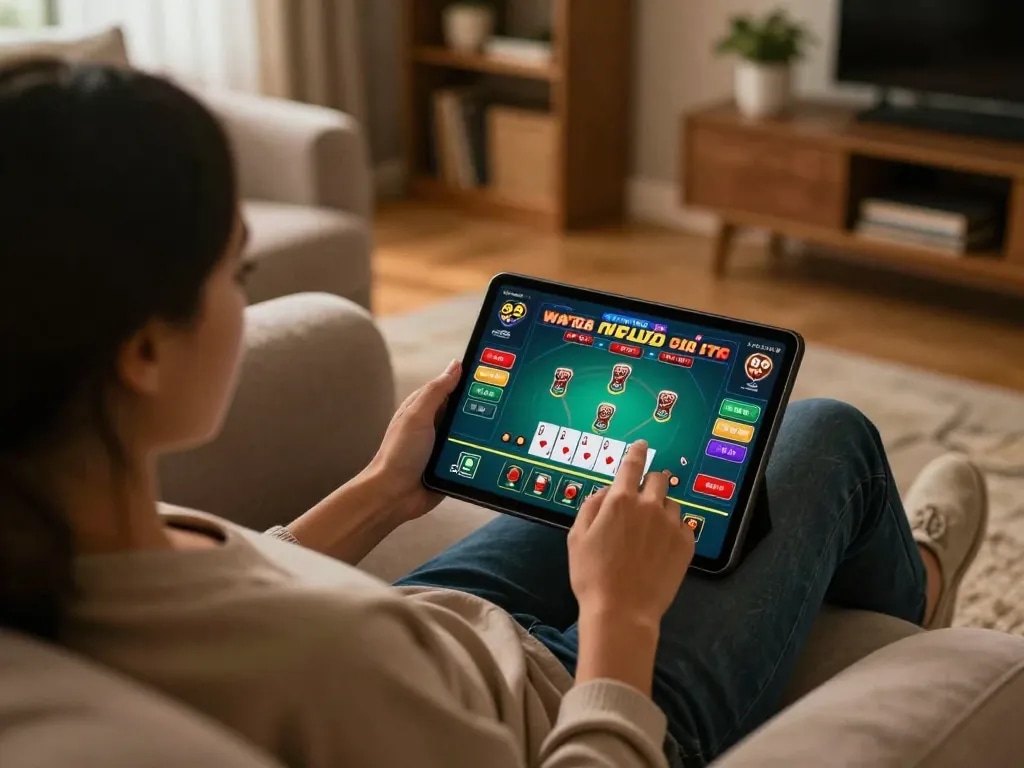 Engaging in blackjack on tablet for 79KING online casino in cozy home environment.