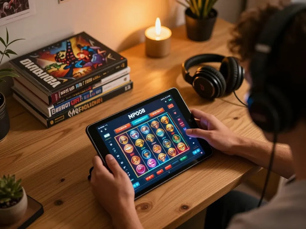 MPO08 user engaging with colorful slot games on a tablet in a cozy home office.