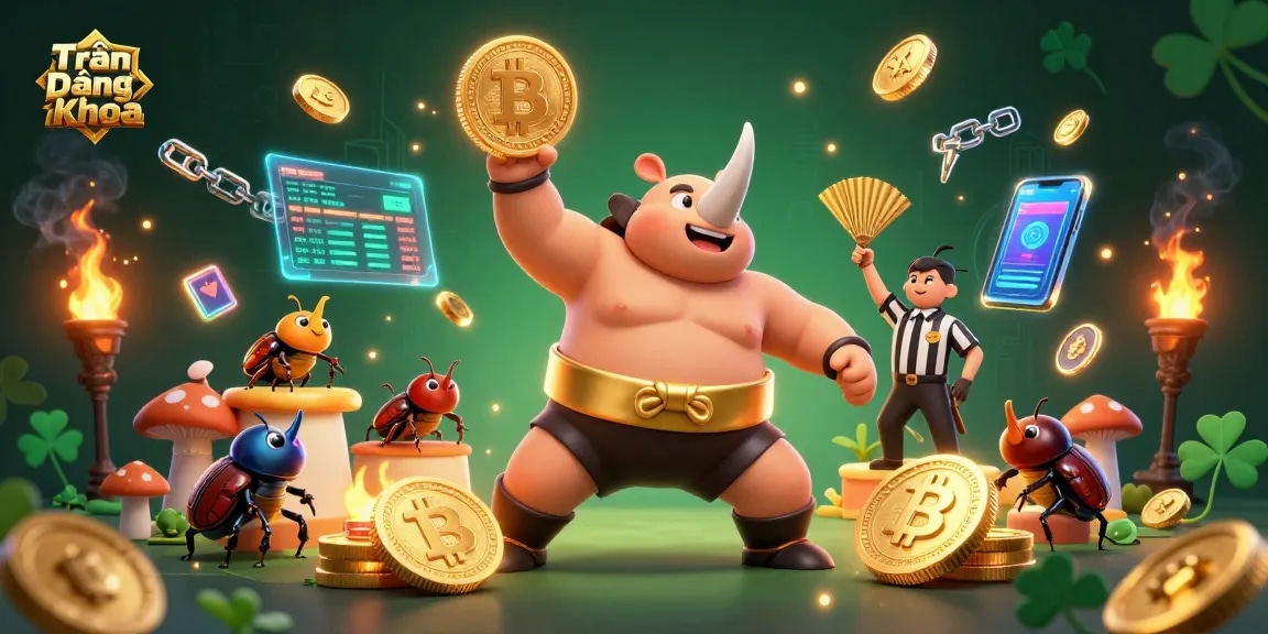 Trần Đăng Khoa's dynamic casino scene showcasing a beetle champion amidst flying gold coins.