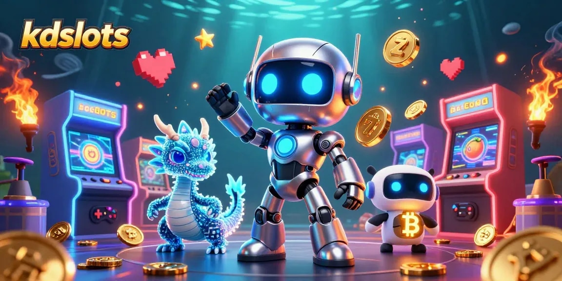 Engage with kdslots in a vibrant, dynamic 3D casino scene featuring exciting slot machine elements.