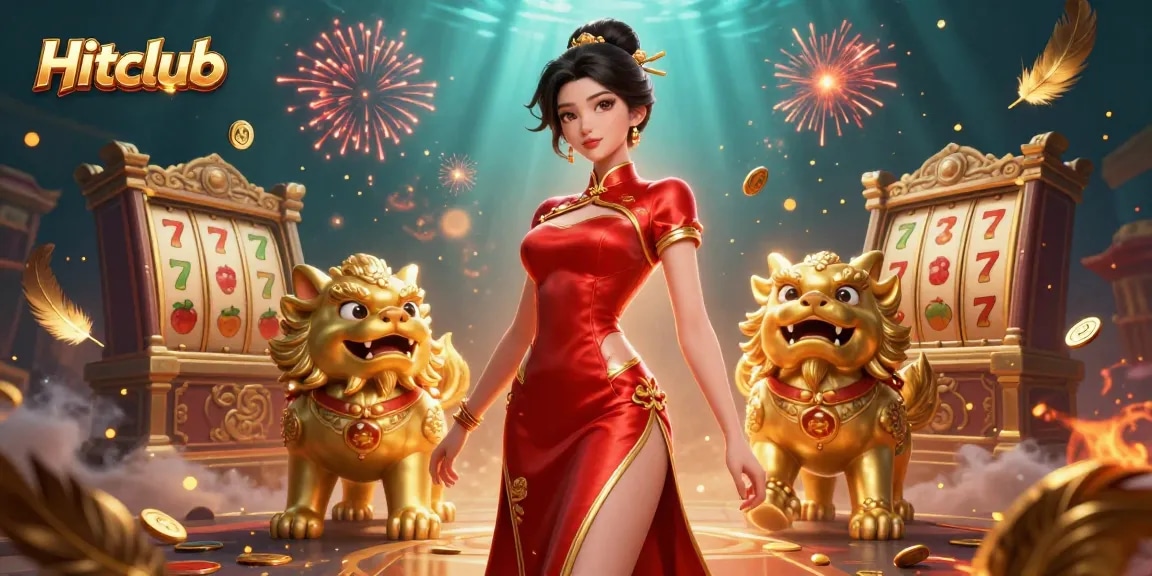 Engage with Hitclub’s slot games amidst a stunning casino backdrop and festive decorations.
