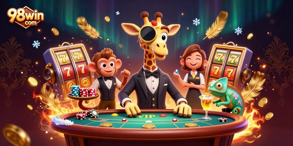 Engage with thrilling excitement at 98win com, featuring a vibrant 3D casino scene with a charismatic giraffe, monkey, and chameleon.