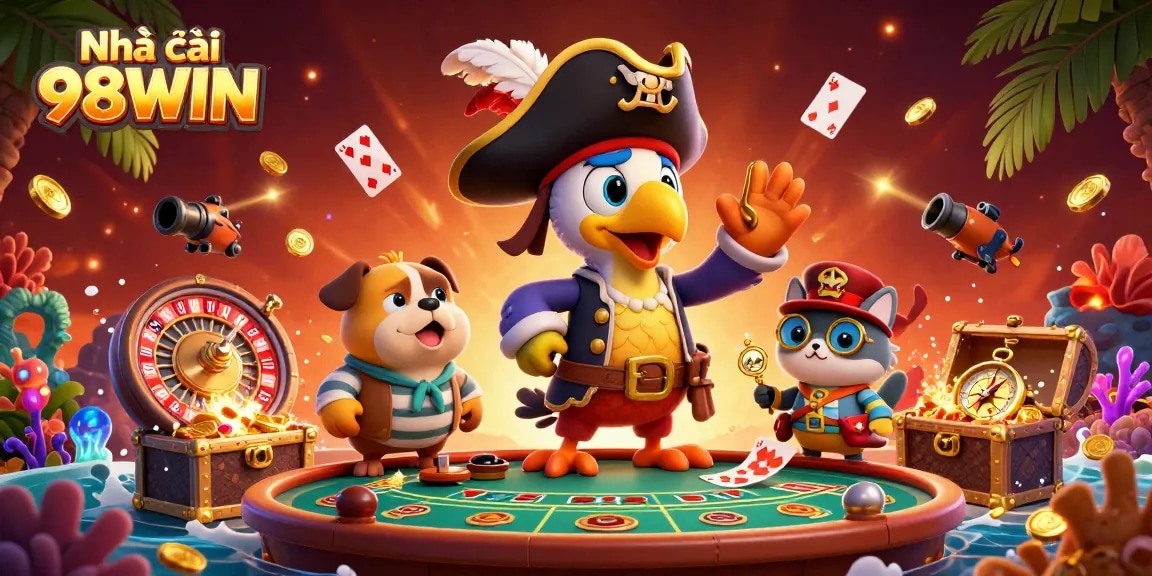 Experience the excitement of Nhà cái 98WIN with vibrant casino action featuring a pirate captain and friends.