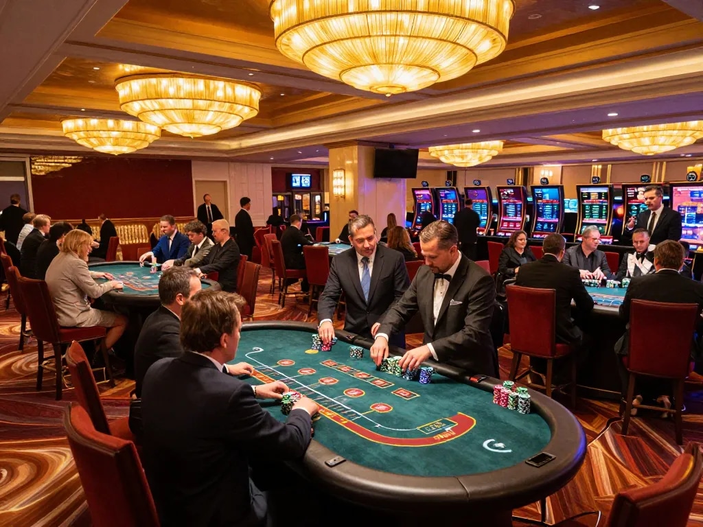 Players engaging at open 88 blackjack tables in a luxurious Las Vegas casino atmosphere