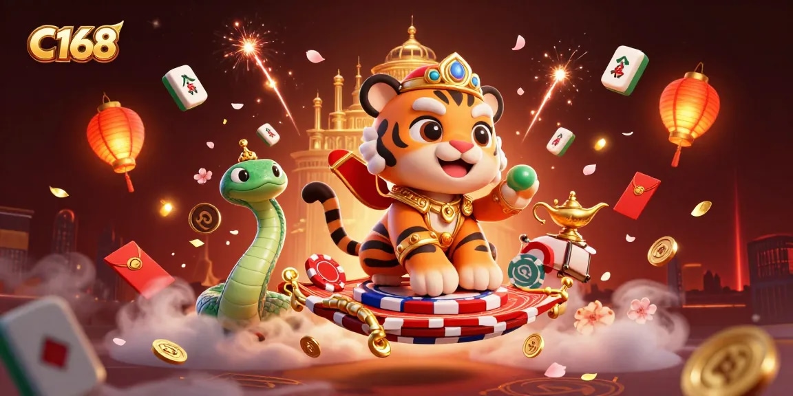 C168 brings excitement with a cartoon sultan on poker chips amidst vibrant casino elements.