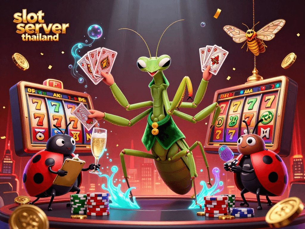 Experience the thrill of slot server thailand with a vibrant 3D depiction of a praying mantis dealer, ladybug pit boss, and lively gaming elements.