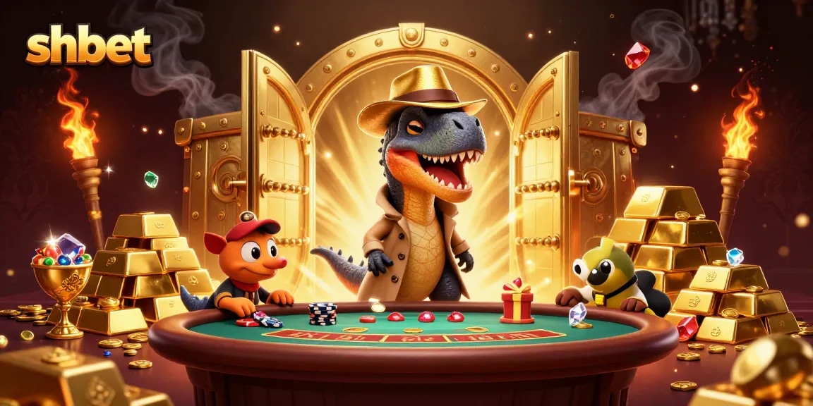 Experience thrilling gameplay visuals at SHBET with a velociraptor card counter in an exciting casino scene.