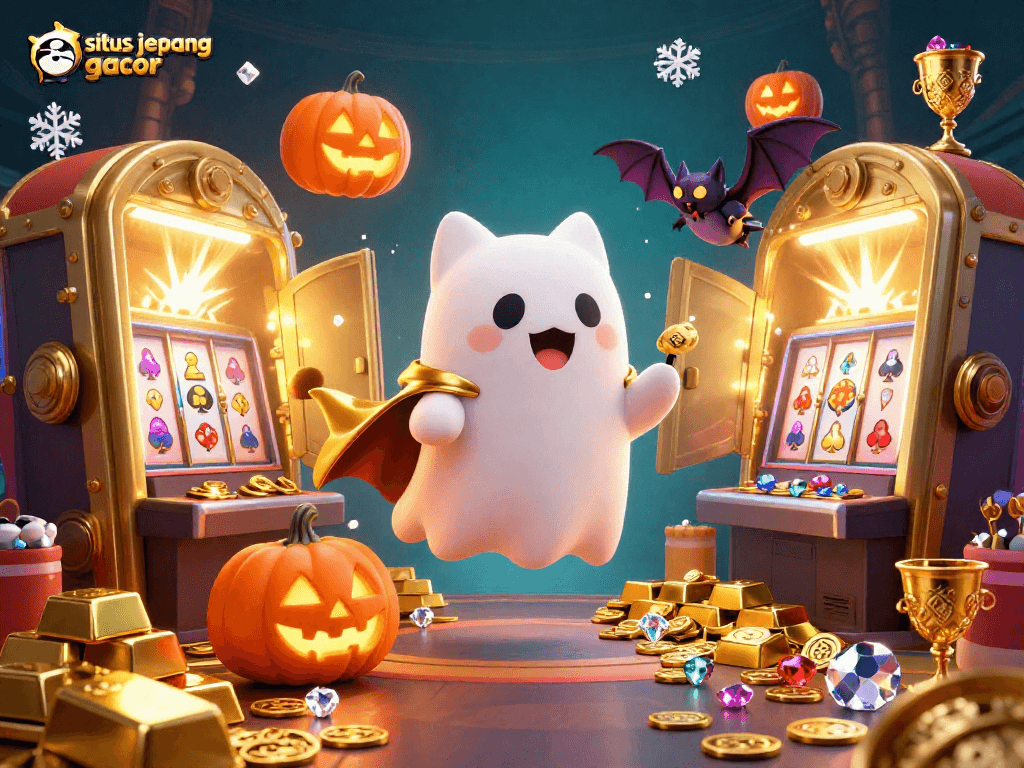 Situs jepang gacor showcases a magical casino scene with a ghost cat and treasures flying around.