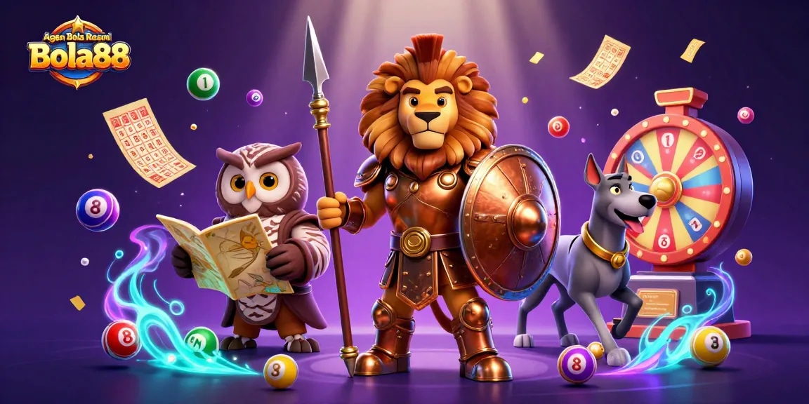 Agen Bola Resmi Bola88 showcases an exciting lottery theme with vibrant balls and characters promoting gambling engagement.