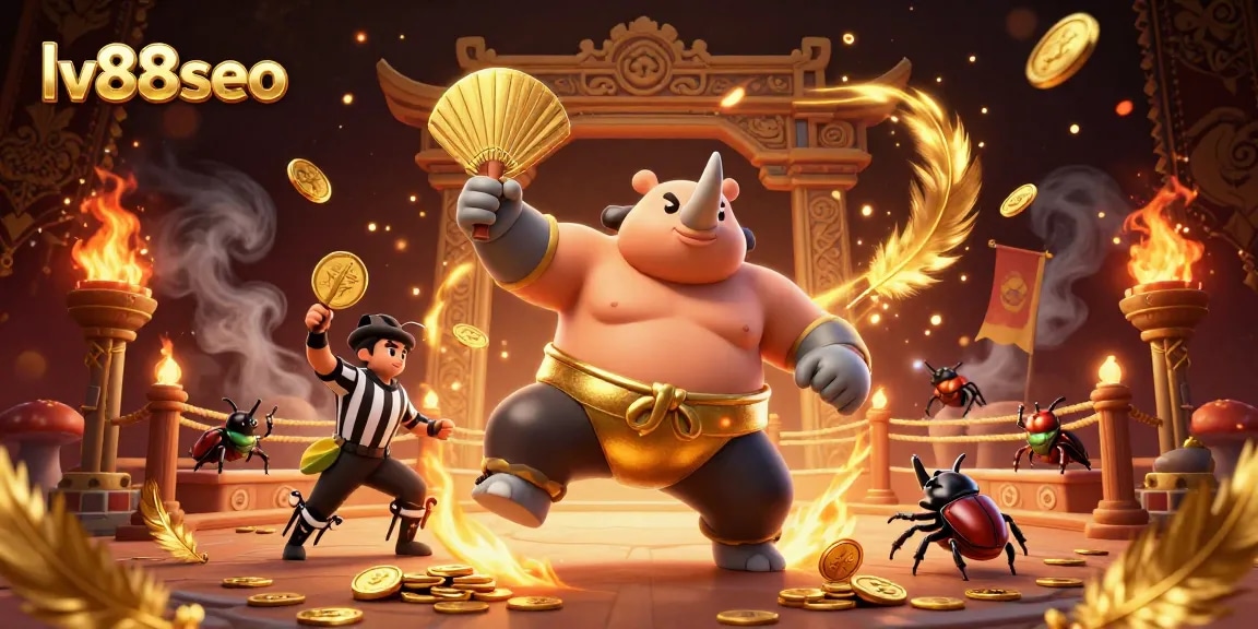 Experience LV88SEO’s thrilling casino action with a vibrant 3D illustration of beetle champions in battle.