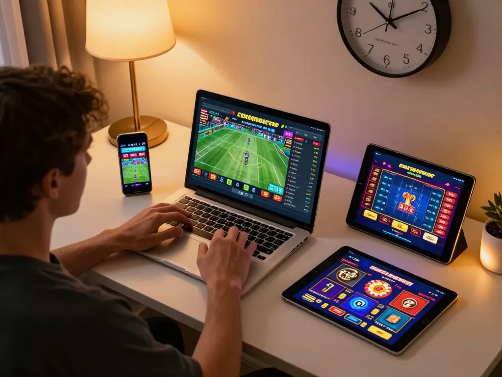 Engaged user betting on sports at home using 98win com for exciting online gambling.