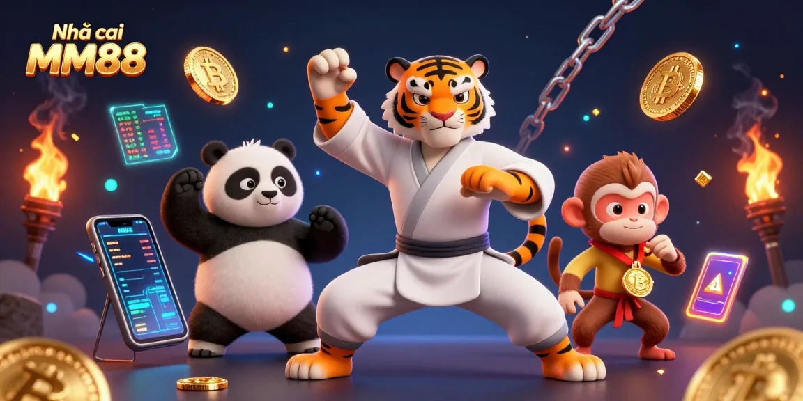 Engage with Nhà cái MM88 and win top rewards in a colorful, dynamic casino scene featuring memorable characters.