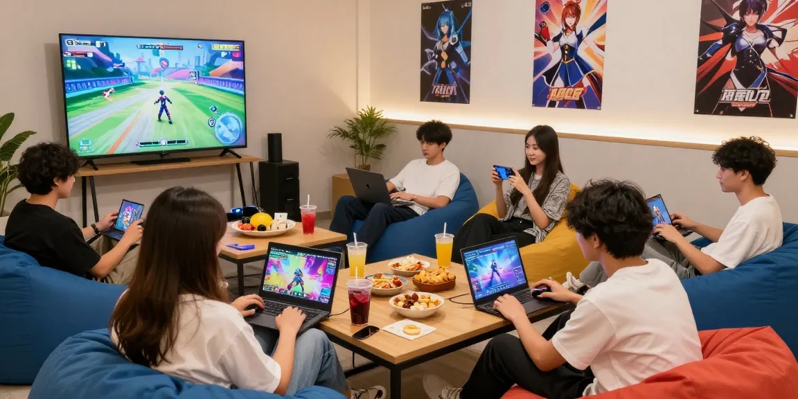 Group of friends enjoying ecchi games in a vibrant gaming lounge