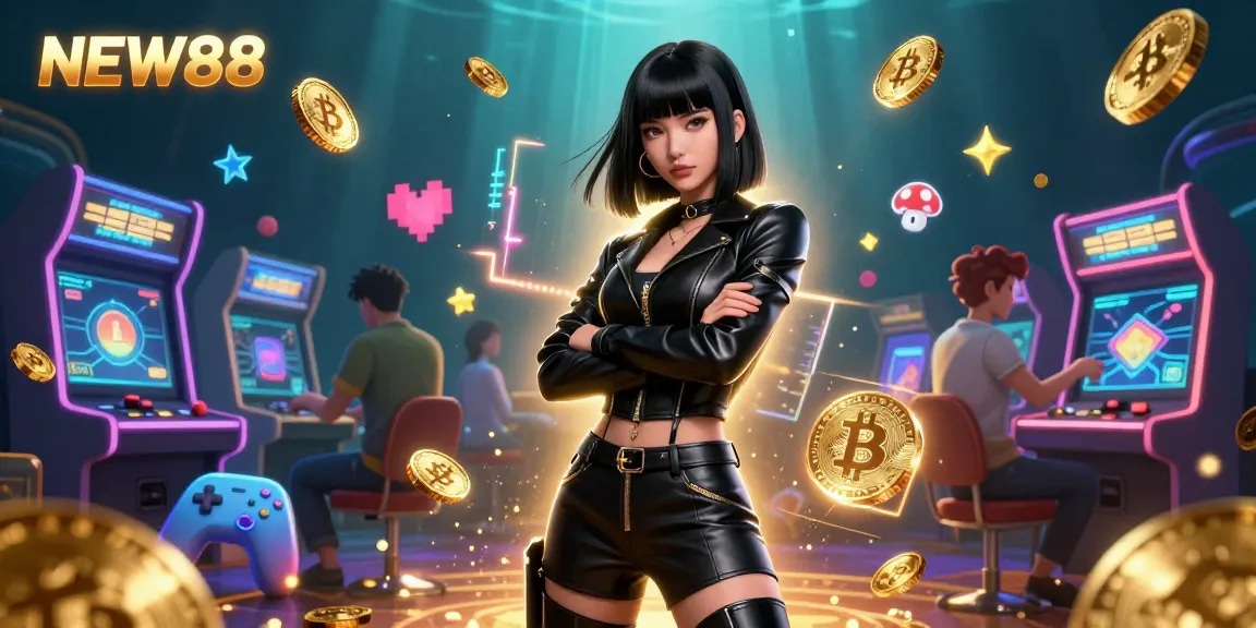 Engage in exciting online gaming at NEW88 with a captivating 3D casino concept illustrating vibrant characters, crypto visuals, and gaming elements.