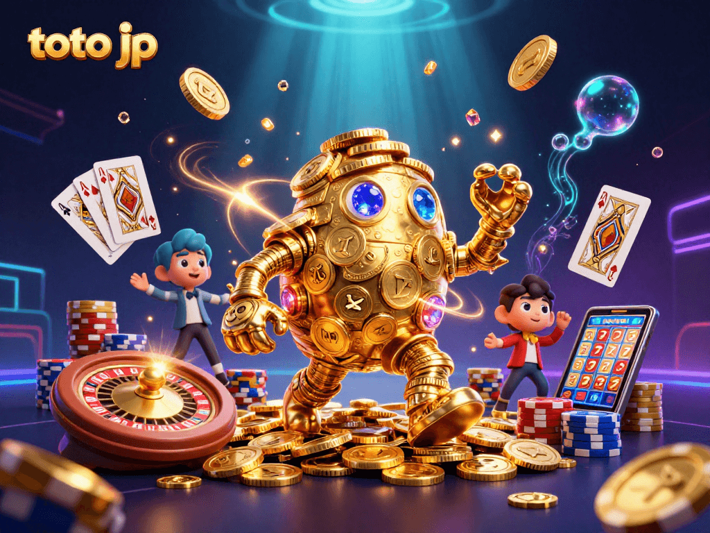 Spin to win with toto jp in this vibrant 3D casino scene filled with sparkling gems and golden coins.