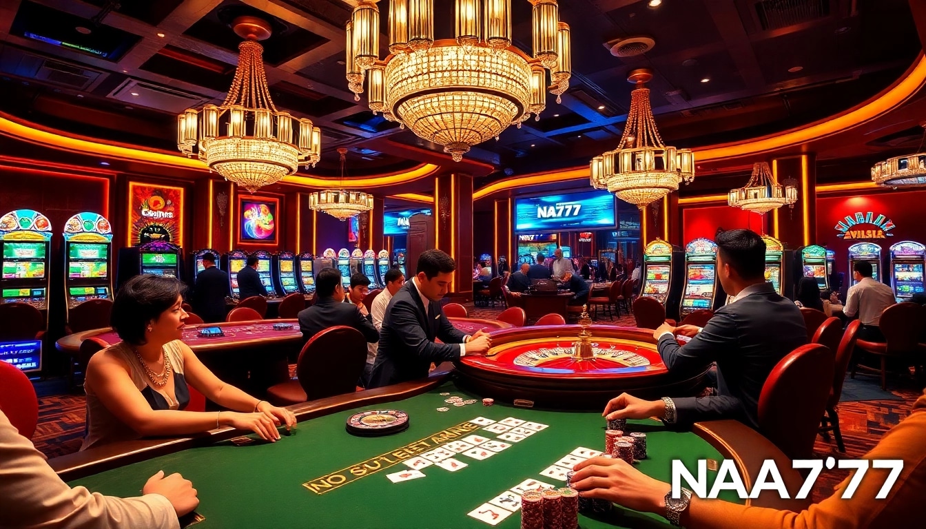 NA777 players enjoy strategic gameplay at a professional casino table with vibrant slot machines.