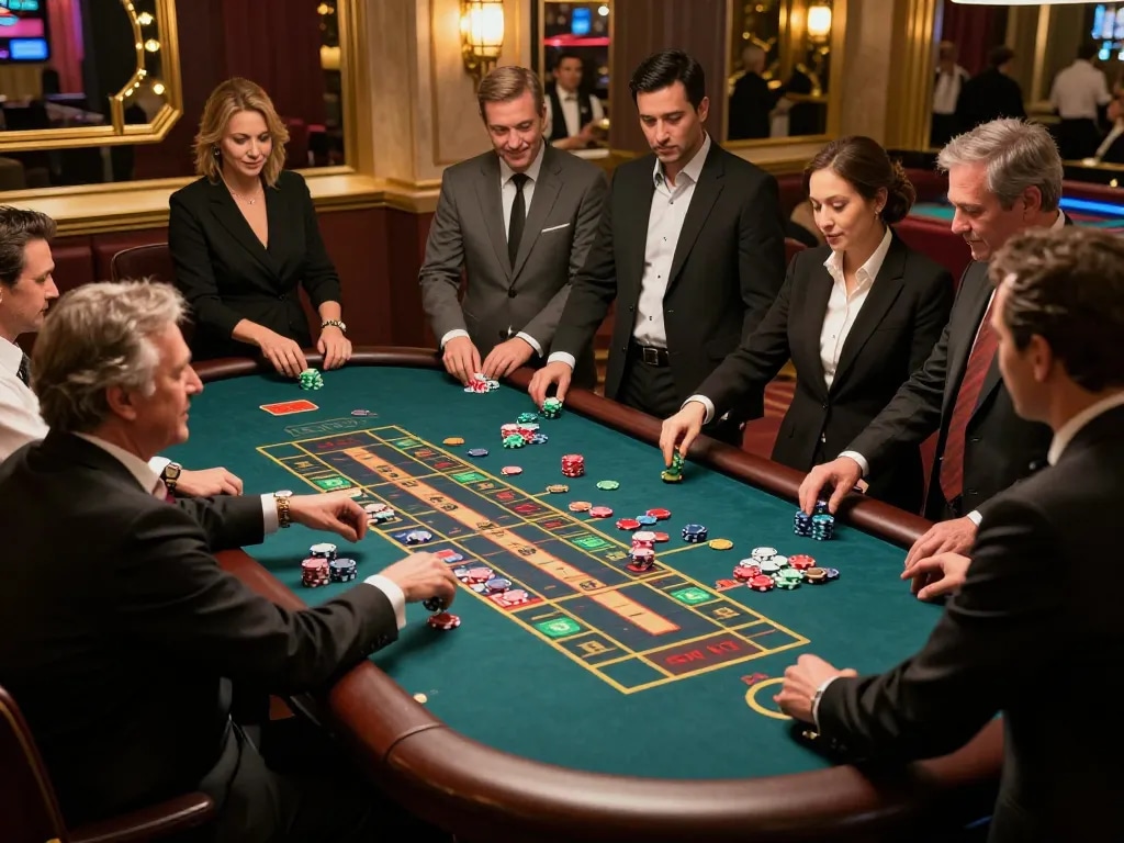 FB88 players engaging at a roulette table, showcasing an exciting casino atmosphere and strategic bets.