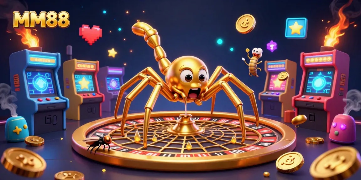 Engage with MM88 through an intricate 3D illustration showcasing a gambling theme with vibrant gaming elements.