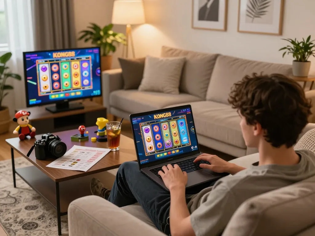 KONG88 player engaging with colorful slot games on a cozy home setup with strategic notes.