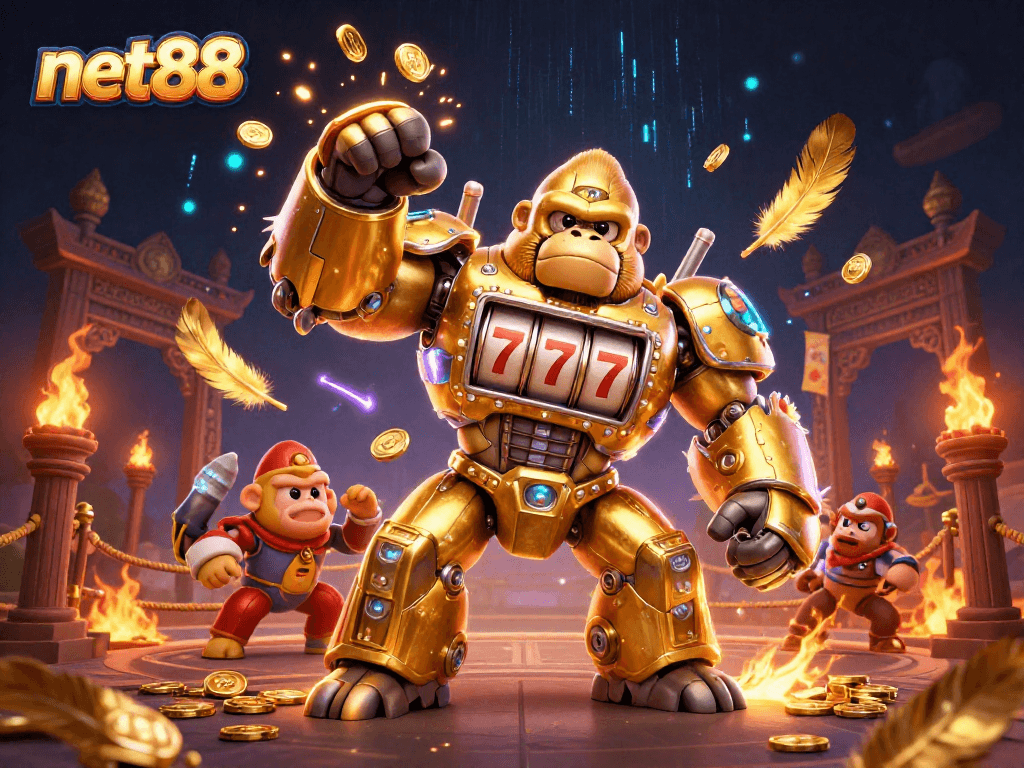 Experience thrilling gameplay at net88 with a golden gorilla mech taking center stage.