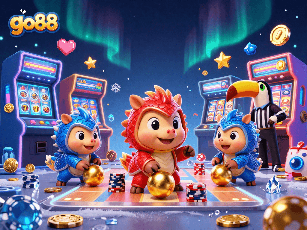 Experience the excitement of go88 as rival pangolins battle through glowing casino elements in a vibrant illustration.