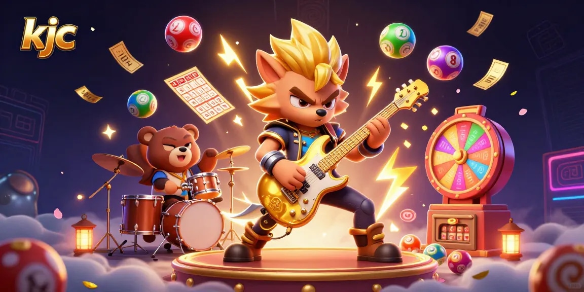KJC Casino: Experience electrifying gameplay with a dynamic wolf rock star and vibrant lottery elements.