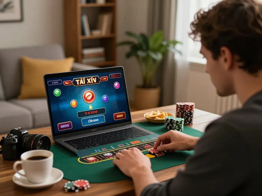 Tài xỉu online gameplay at home, player focused on making strategic bets in a cozy setting.
