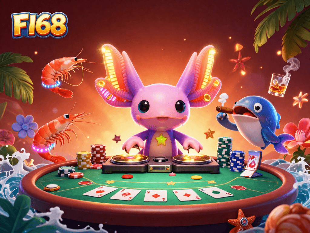 Experience the electrifying atmosphere of F168 with neon axolotl DJ and vibrant poker action.