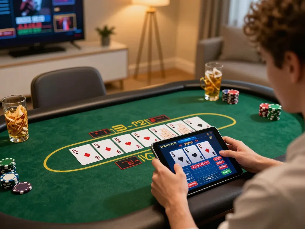 bem88 nhà cái player engaging in online poker while enjoying snacks in cozy home setting