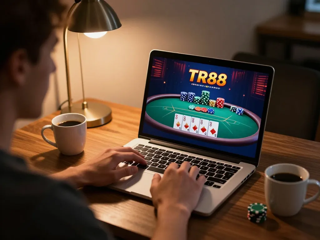 Engaging in TR88 casino online poker on a sleek laptop in a cozy atmosphere.
