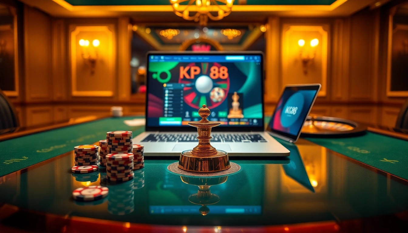 Experience thrilling gameplay at KP88 with vibrant poker chips and a roulette wheel.