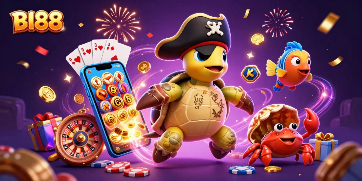 Spin the reels and win big at BI88 Casino with a vivid 3D illustration of colorful slot elements.