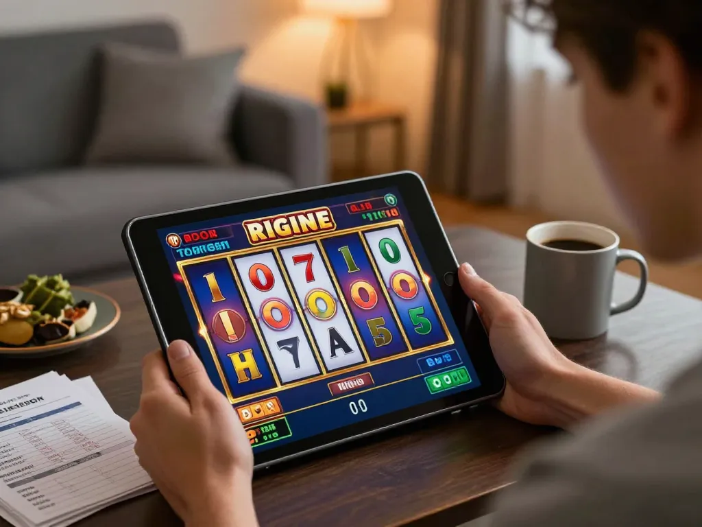 Player enjoying LGOSUPER slots game on tablet with focused expression and betting notes
