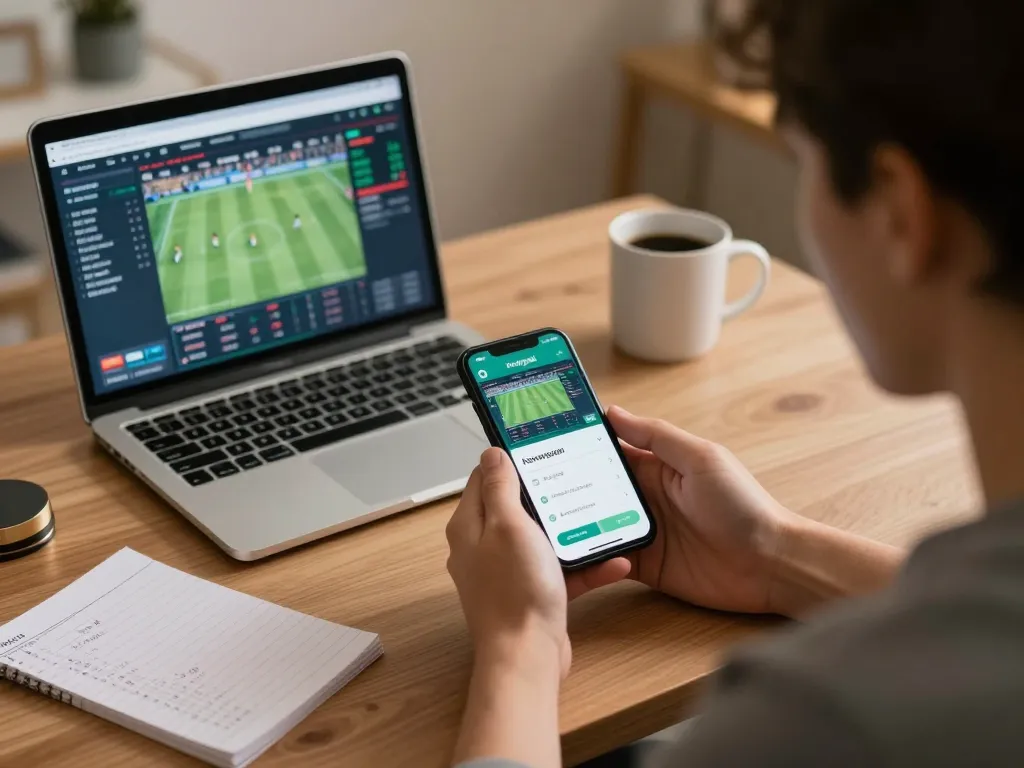 Engaging user analyzing live sports data on the Nowgoal app, creating informed betting strategies.